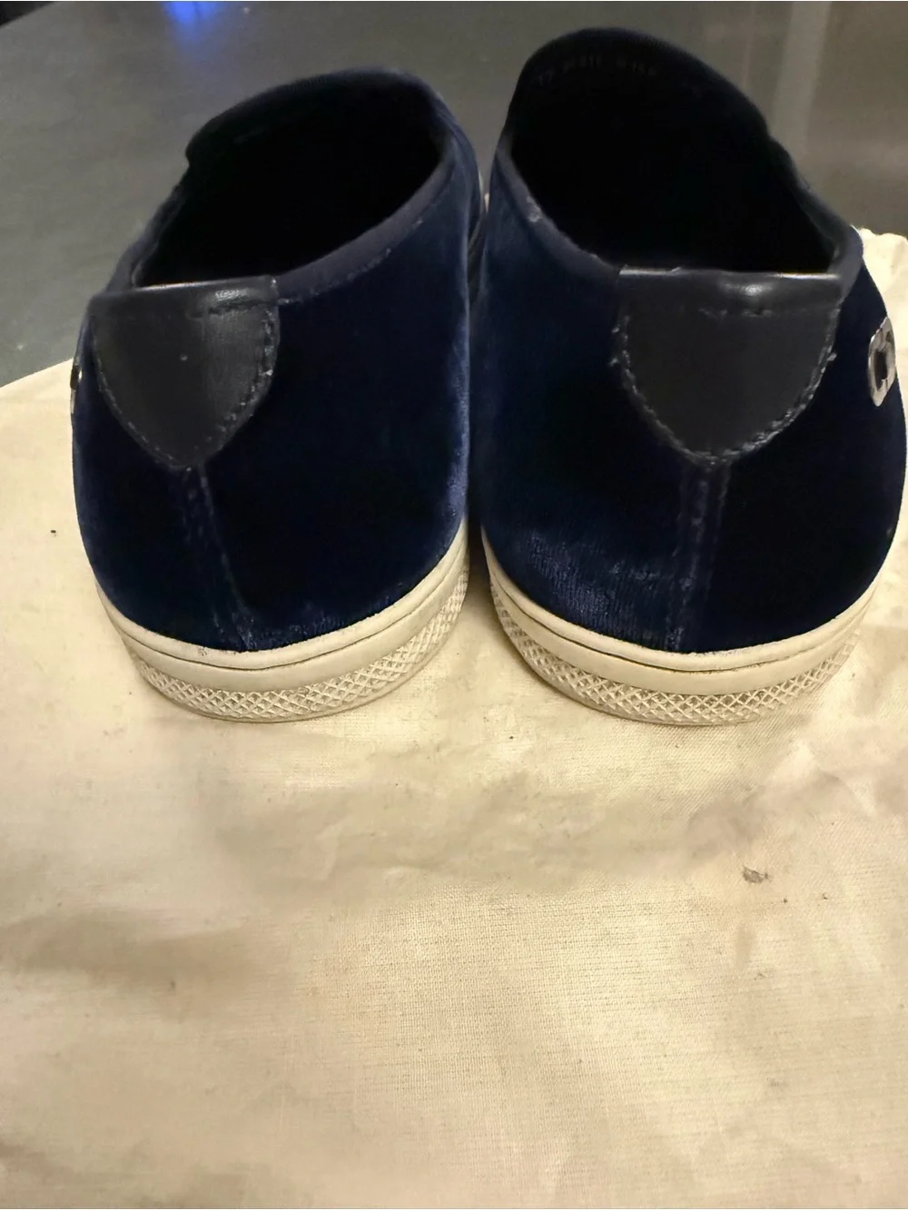 Salvatore Ferragamo Navy Velvet Slip-On Loafers with White Sole